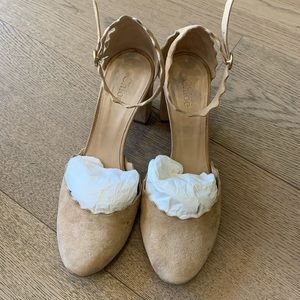 Chloe Lauren Scalloped Suede Block Pumps Heels